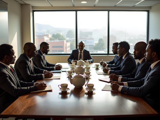 Business meeting between international visitors and local officials in Antsirabe with traditional tea service