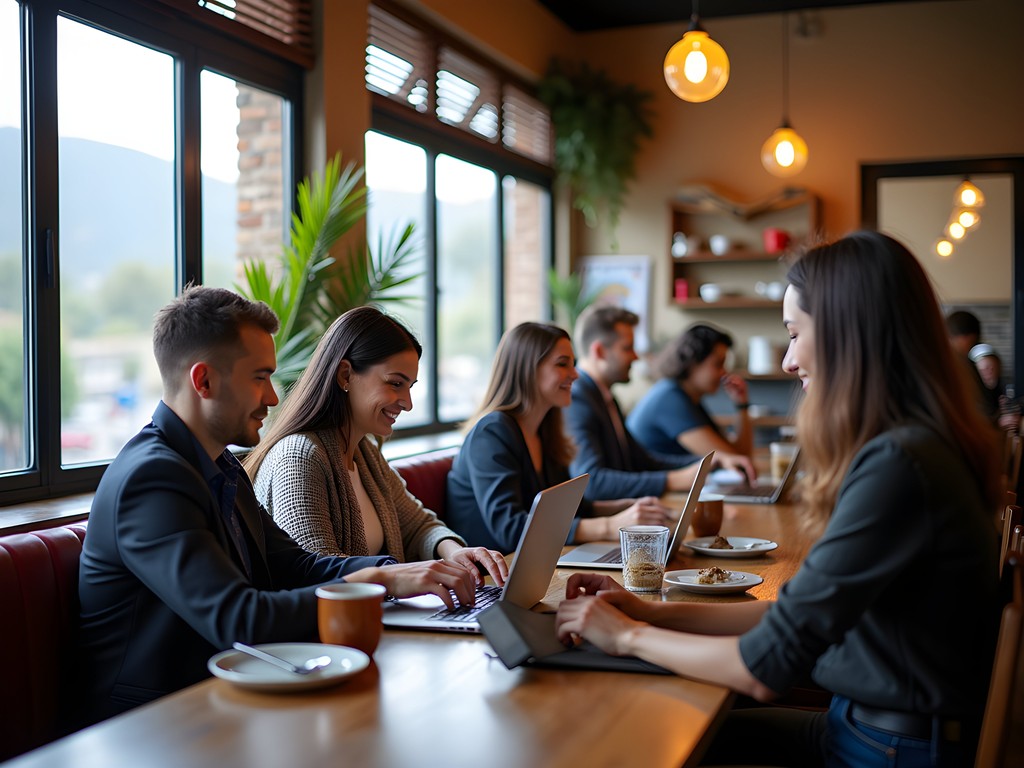 Business corner at Café Diamant in Antsirabe with professionals working on laptops