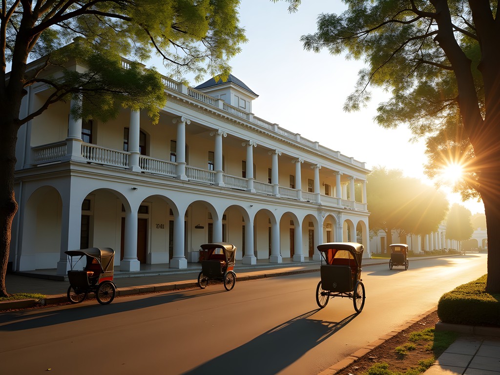 Colonial facade of Hotel des Thermes in Antsirabe with morning light and pousse-pousse in foreground