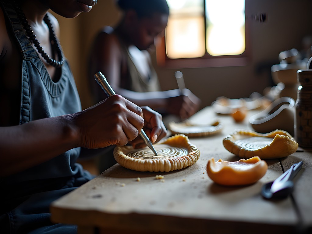 Skilled artisans crafting intricate designs from zebu horn in traditional workshop in Antsirabe