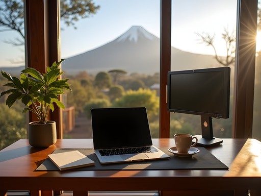 Professional remote work setup with view of Mount Kilimanjaro
