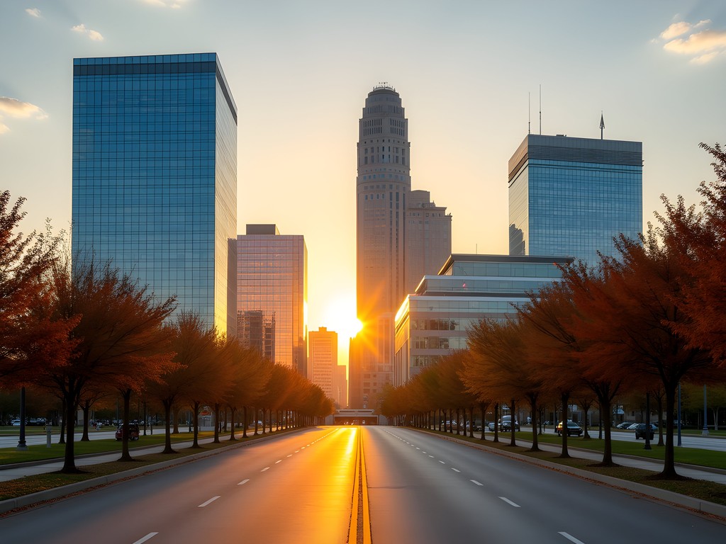 Arlington business district skyline at sunrise with modern architecture and morning light