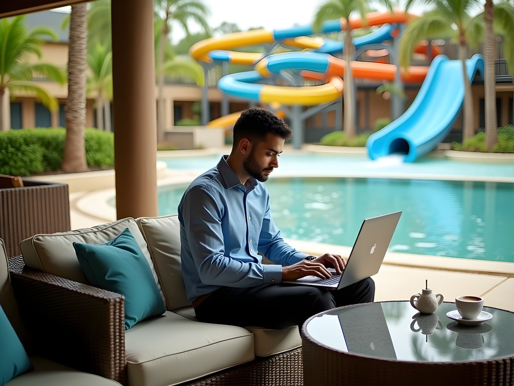 Business executive working remotely from Epic Waters Indoor Waterpark cabana with laptop