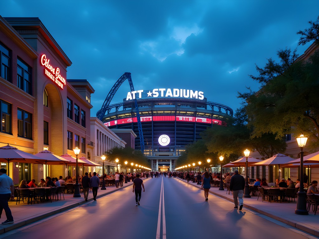 Evening view of entertainment district in Arlington with stadium lights