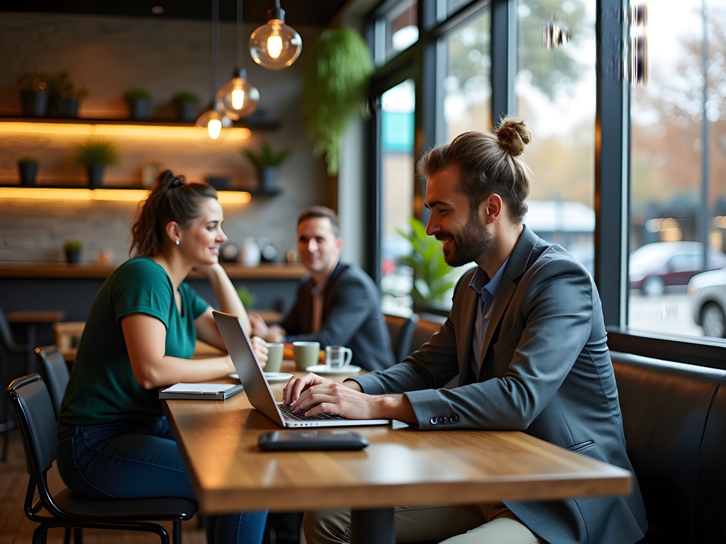 Business professional working remotely in Arlington cafe