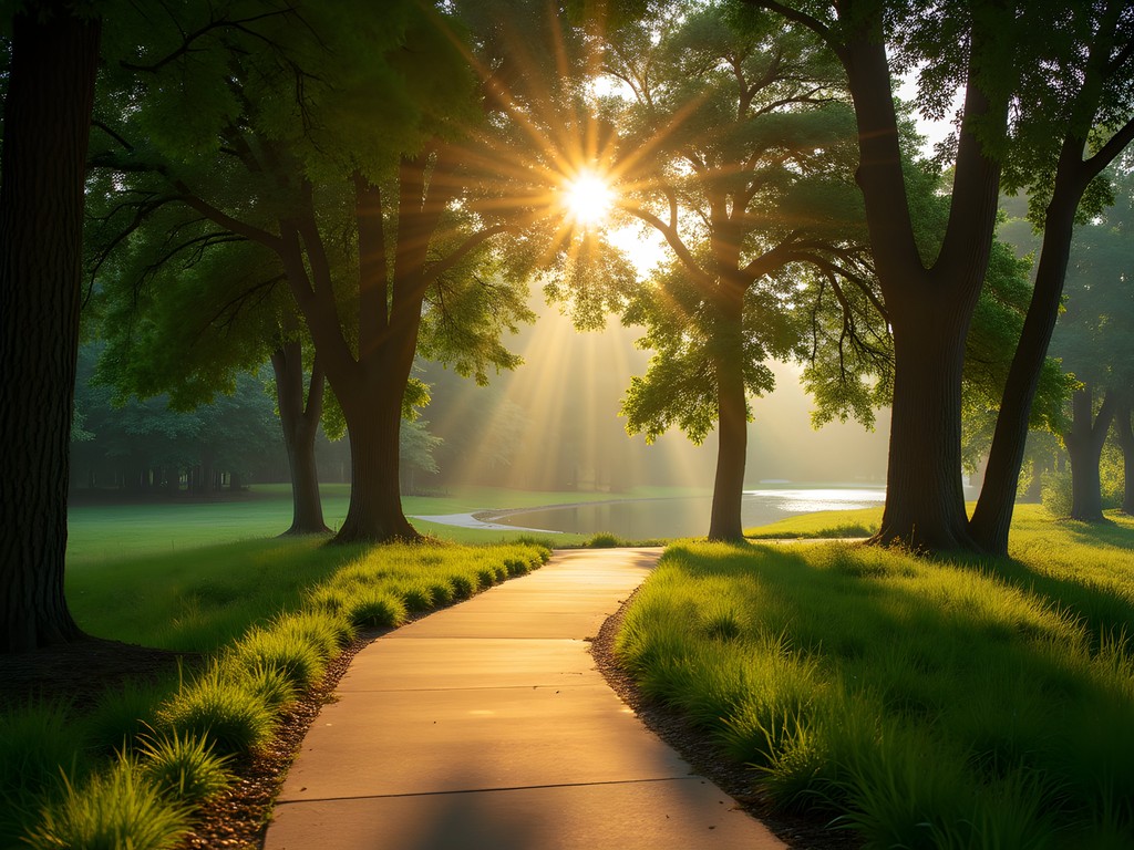 Sunrise at River Legacy Parks in Arlington with walking trails