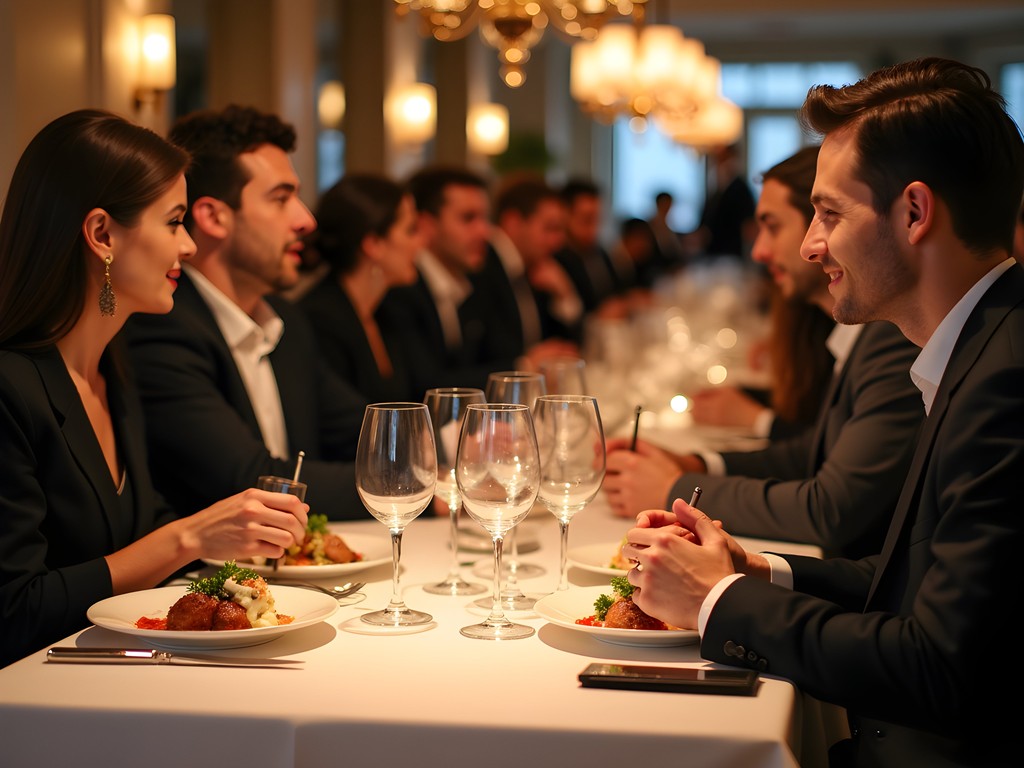 Professional business dinner at upscale Arlington restaurant with sophisticated table setting