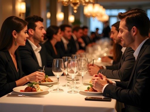 Professional business dinner at upscale Arlington restaurant with sophisticated table setting