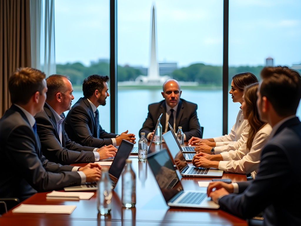 Professional business meeting in upscale Arlington venue with Potomac River view