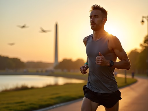 Business professional enjoying morning wellness routine on Arlington trail with DC skyline view