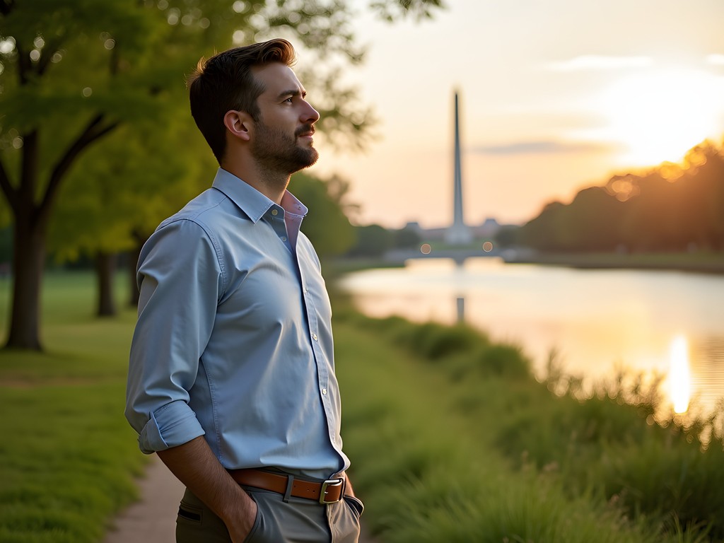 Business professional taking peaceful nature break on Theodore Roosevelt Island with DC skyline view