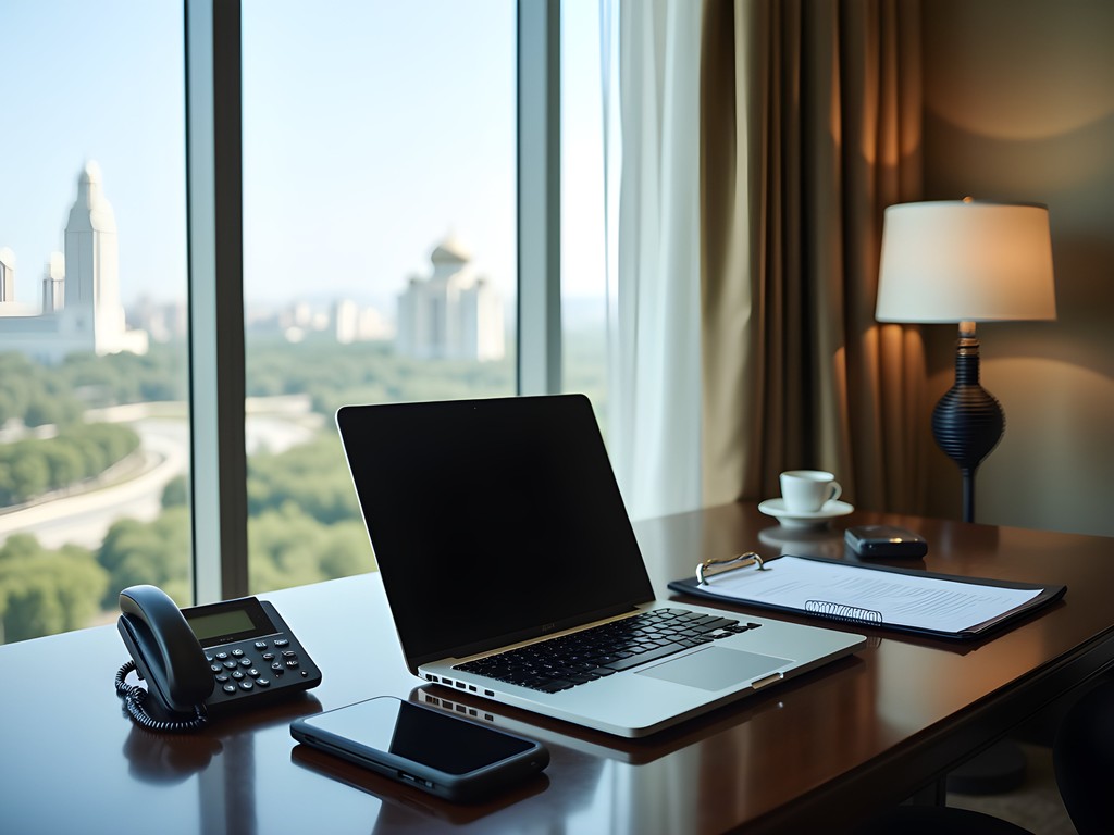 Business professional using secure communications equipment in Ashgabat hotel room