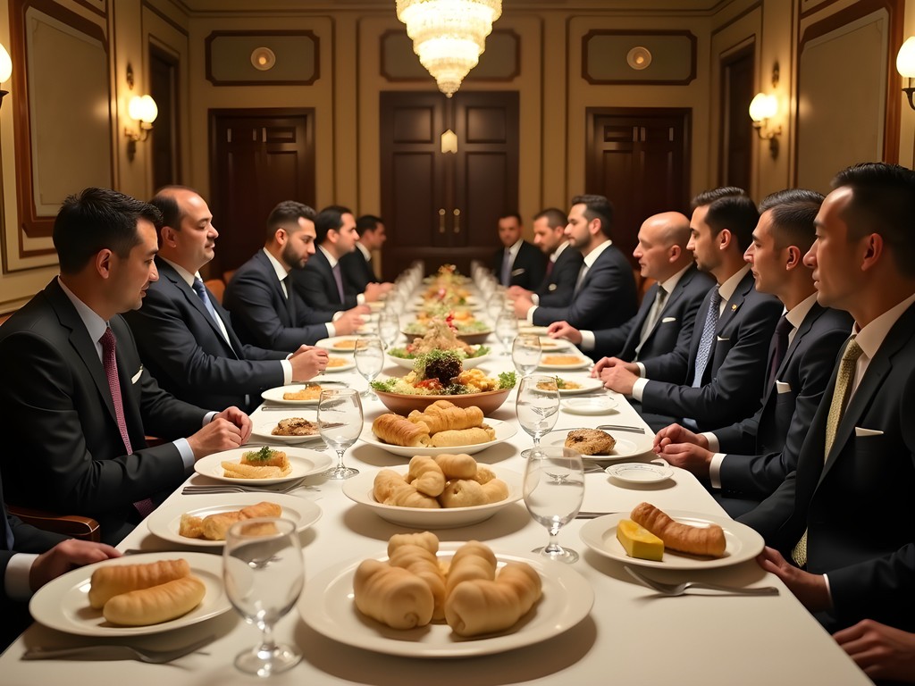 Formal business dinner in Ashgabat featuring traditional Turkmen cuisine and hospitality