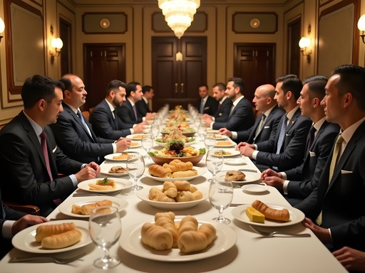 Formal business dinner in Ashgabat featuring traditional Turkmen cuisine and hospitality