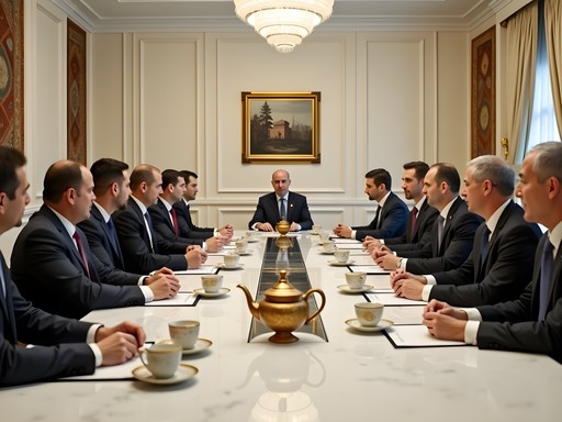 Formal business meeting in Ashgabat with traditional tea service and formal attire