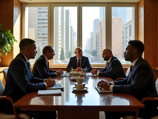 Business meeting in traditional Eritrean setting with formal attire