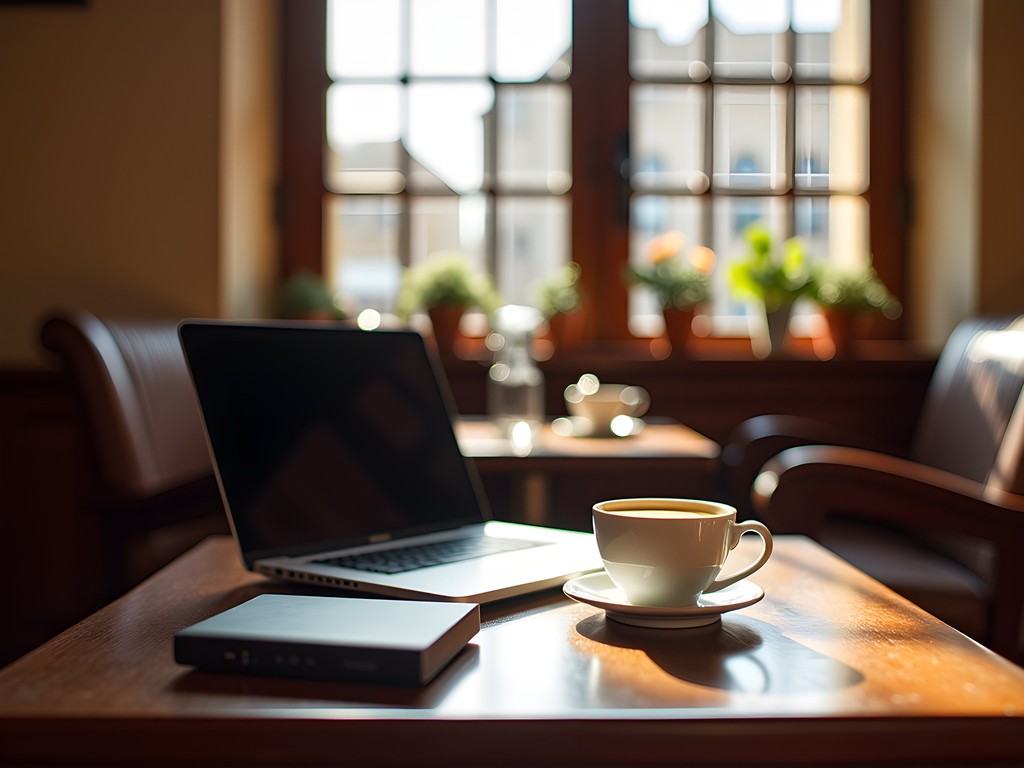 Business professional working with laptop at Asmara cafe with backup devices