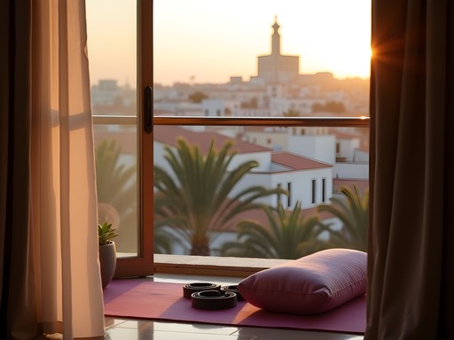Morning wellness routine with meditation cushion overlooking Asmara architecture