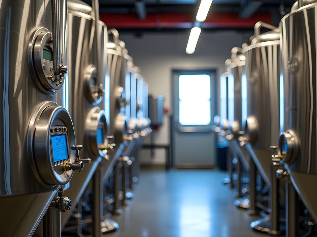 Professional examining fermentation tanks at Augusta craft brewery