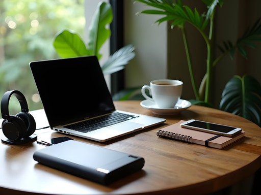 Professional digital nomad workspace setup in Balinese cafe
