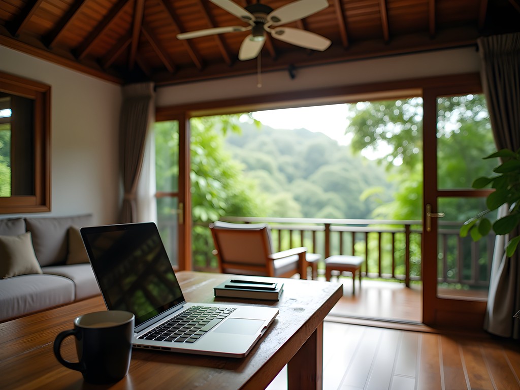 Tropical villa workspace setup in Bali with laptop and coffee