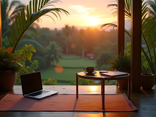 Digital nomad morning routine with yoga and laptop in Bali