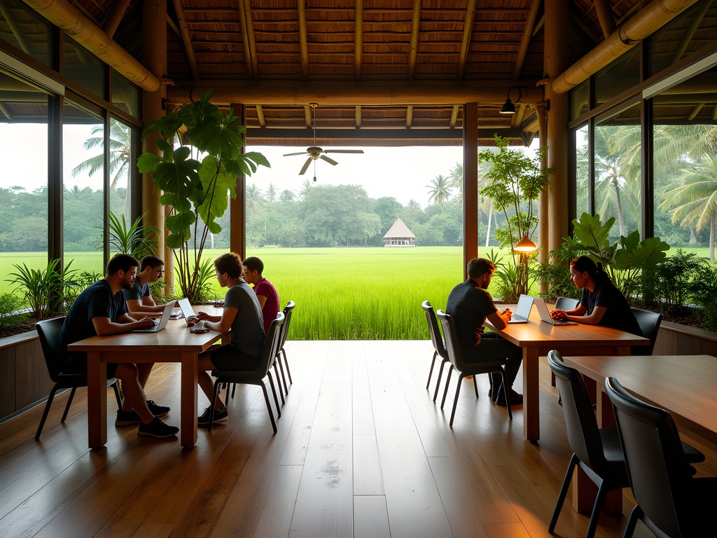 Digital nomad working at Outpost Ubud with rice field views