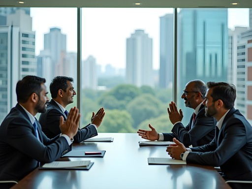 Business professionals exchanging traditional greetings in a modern Bangalore office