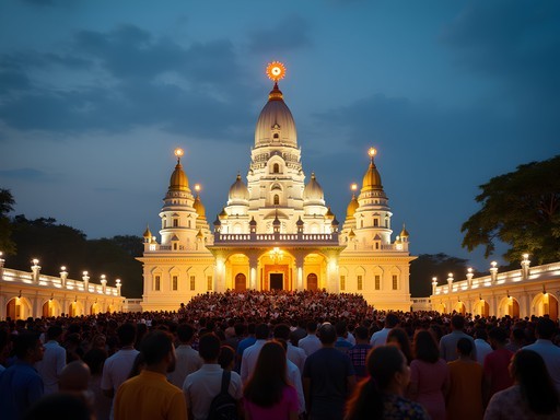 Evening prayer ceremony at Bangalore's illuminated ISKCON temple with devotees