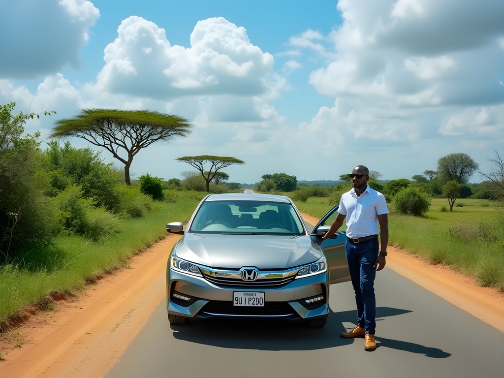 Business traveler with driver in front of car on road between Banjul and Brikama