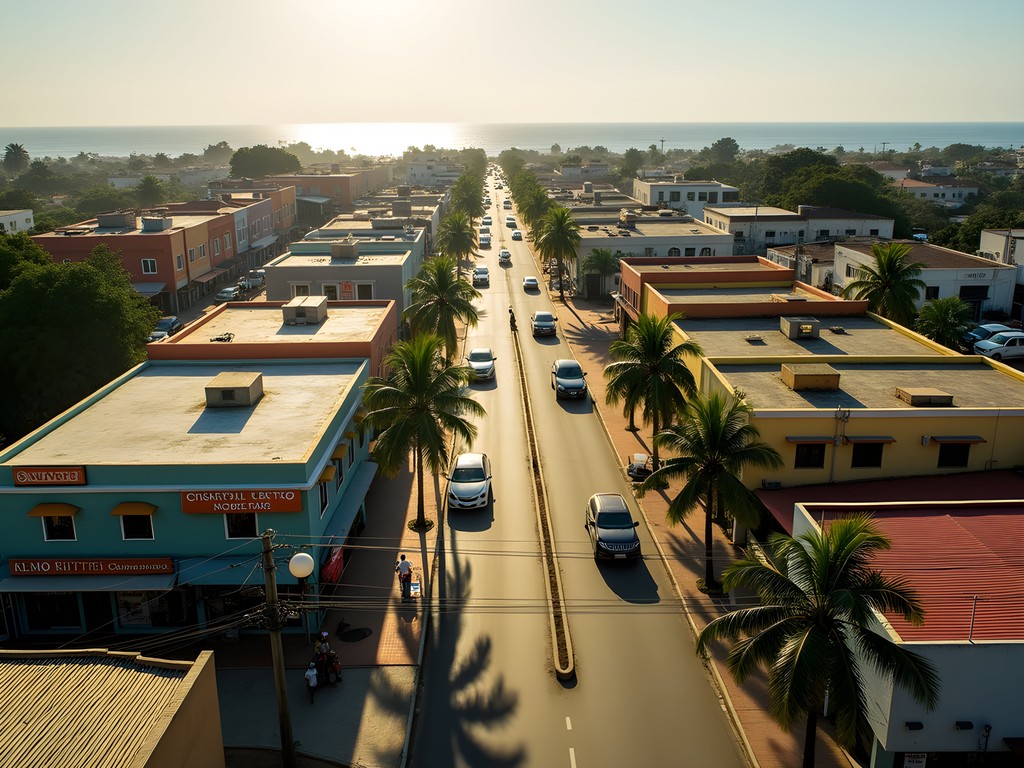 Aerial view of Banjul business district showing commercial buildings and busy streets