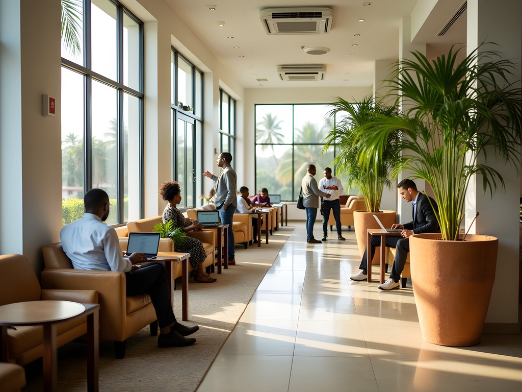 Business traveler working in hotel lobby workspace in Banjul