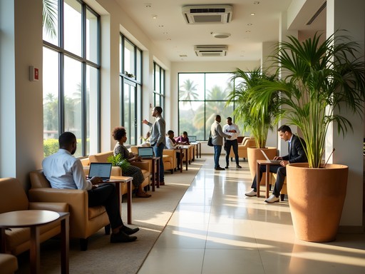 Business traveler working in hotel lobby workspace in Banjul