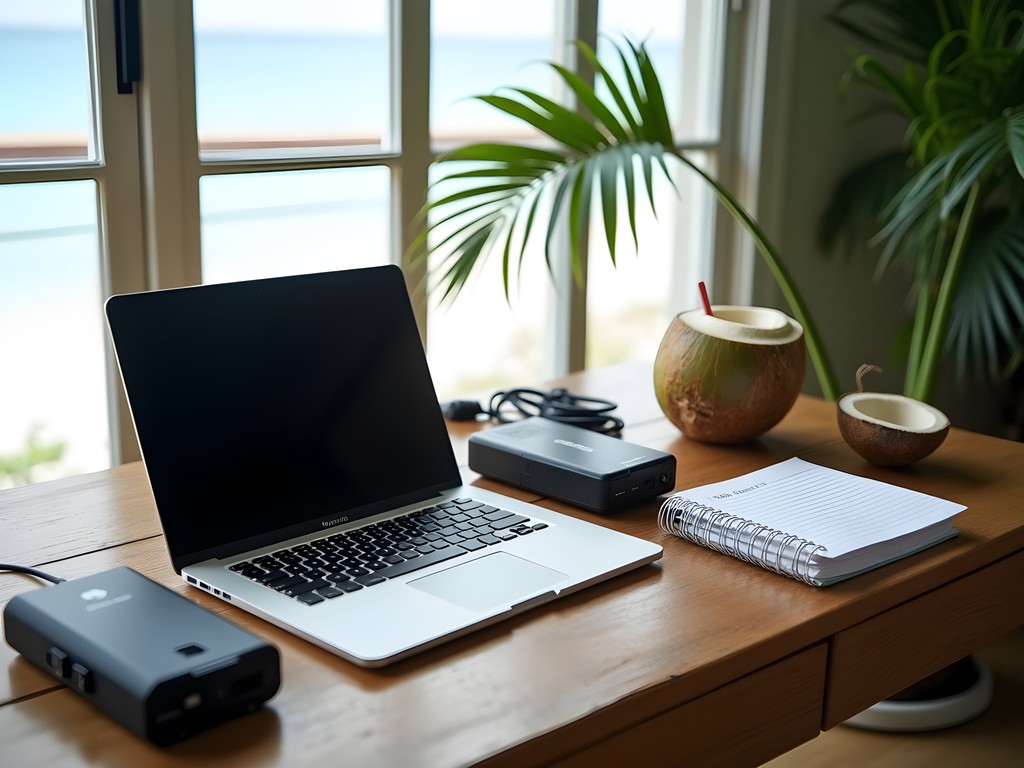 Remote work connectivity setup with devices and equipment in Bora Bora