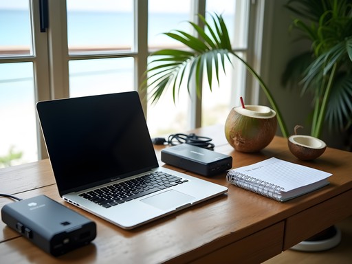 Remote work connectivity setup with devices and equipment in Bora Bora