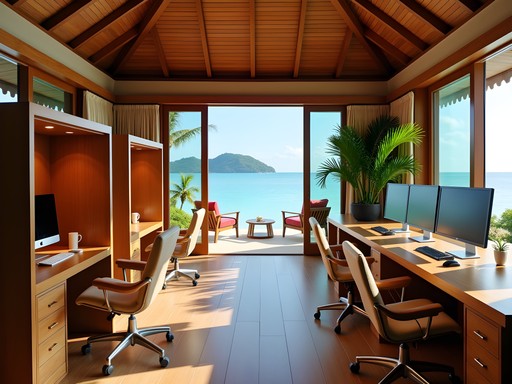 Elegant business center with ocean views at luxury resort in Bora Bora