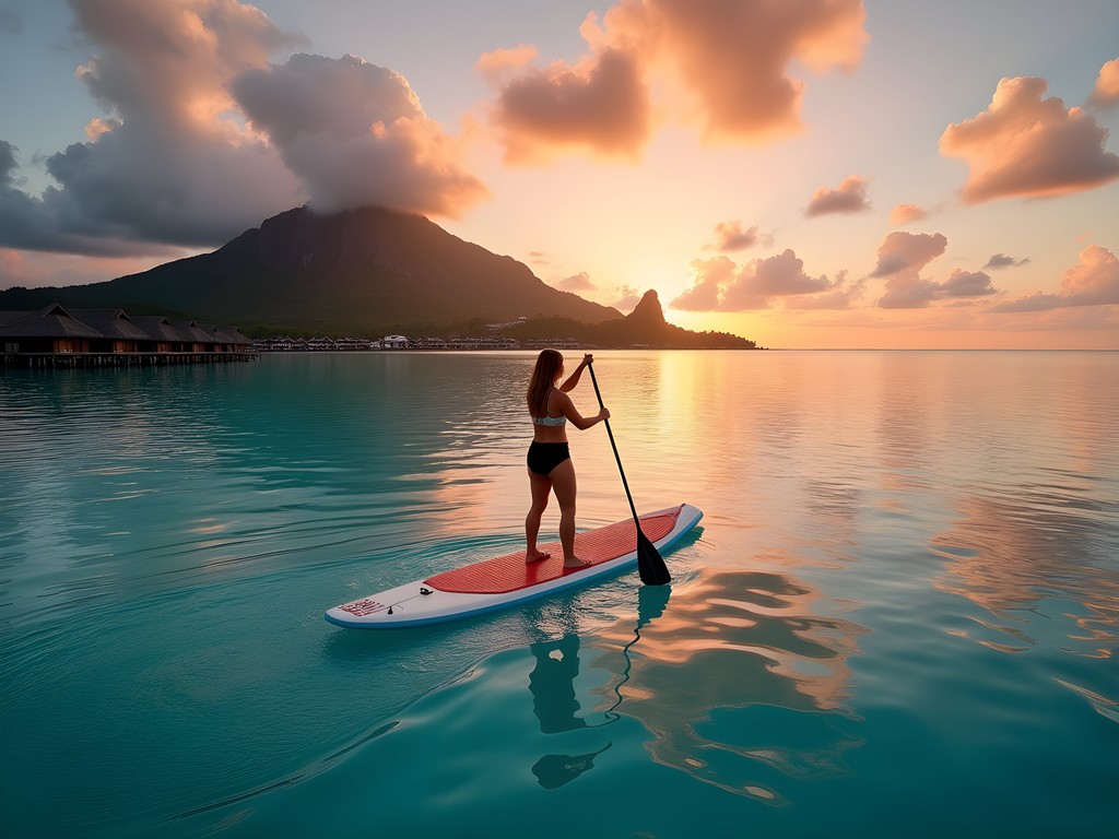 Woman paddleboarding at sunrise in Bora Bora lagoon before work