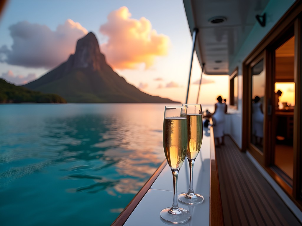 Woman enjoying sunset catamaran cruise in Bora Bora after productive workday