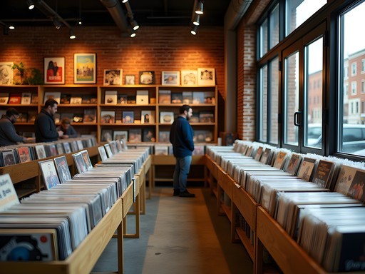 Man browsing vinyl records in a cozy Boston record store with warm lighting