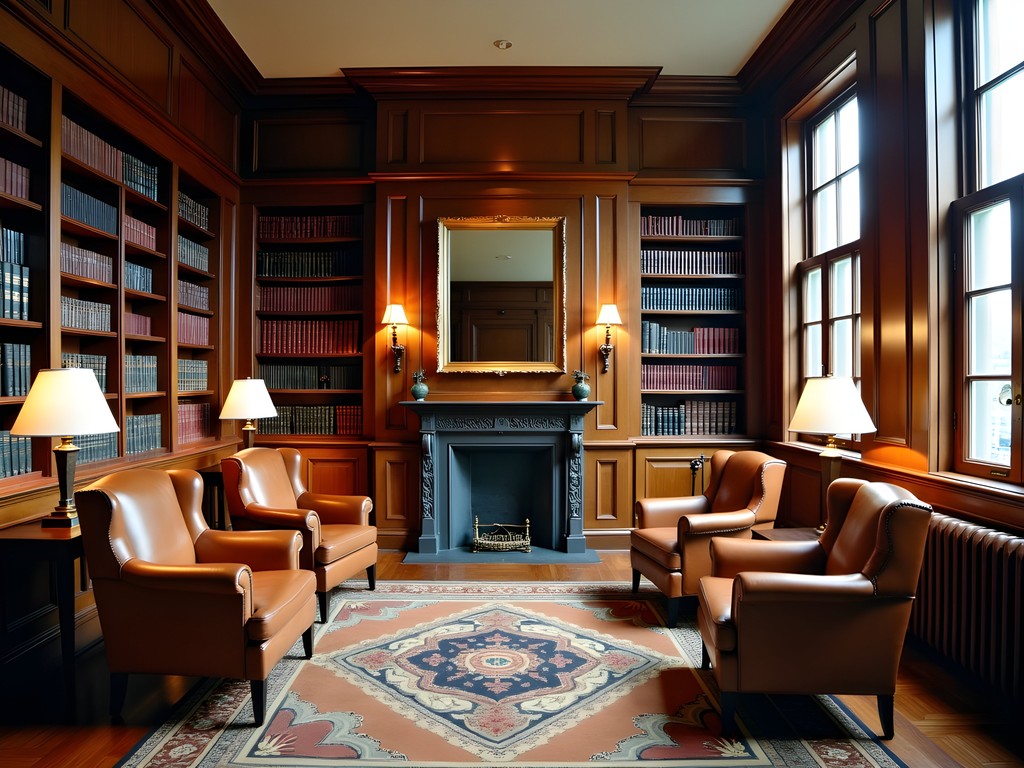 The elegant fifth floor reading room at Boston Athenaeum with leather chairs and book-lined walls