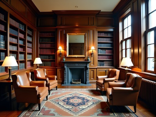 The elegant fifth floor reading room at Boston Athenaeum with leather chairs and book-lined walls