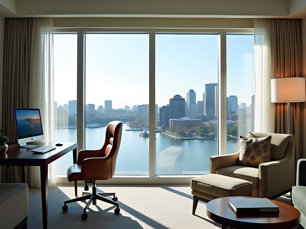 Luxury suite at Boston Harbor Hotel with panoramic waterfront views and business workspace