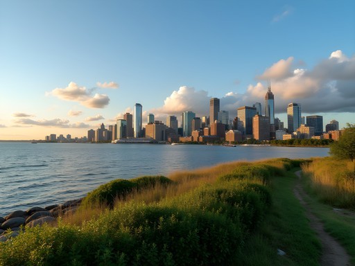 Panoramic view of Boston skyline from Georges Island in Boston Harbor Islands National Recreation Area