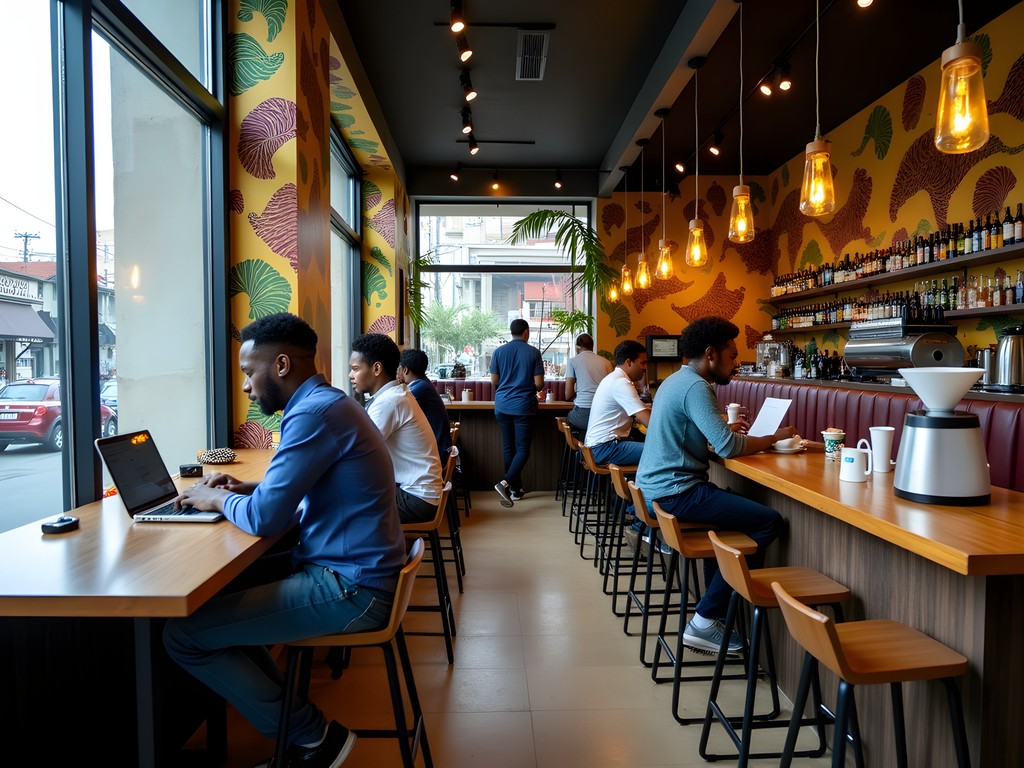 Business professional working remotely from Brazzaville cafe