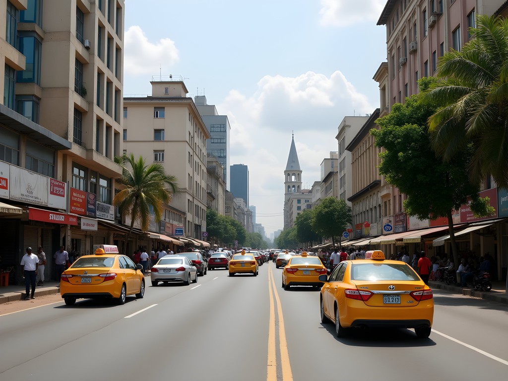 Business district street scene in Brazzaville showing transportation options