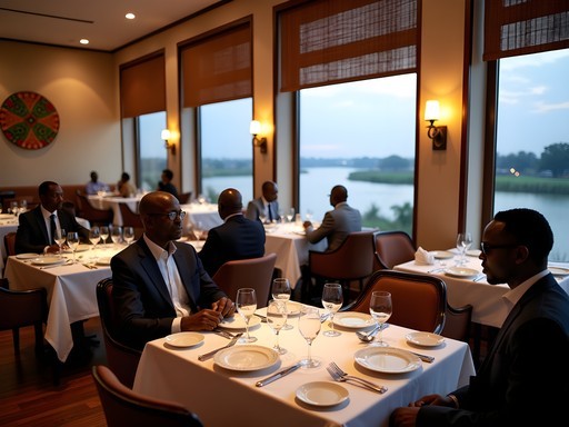 Business professionals dining at upscale Brazzaville restaurant