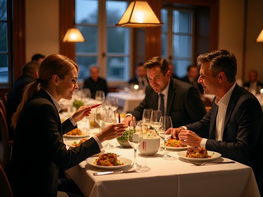 Business networking dinner at upscale Brest restaurant with local professionals