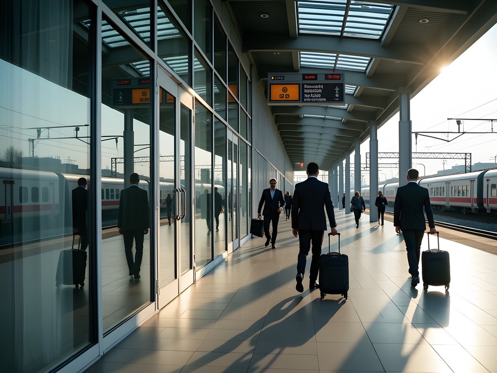 Modern Brest railway station with arriving business travelers
