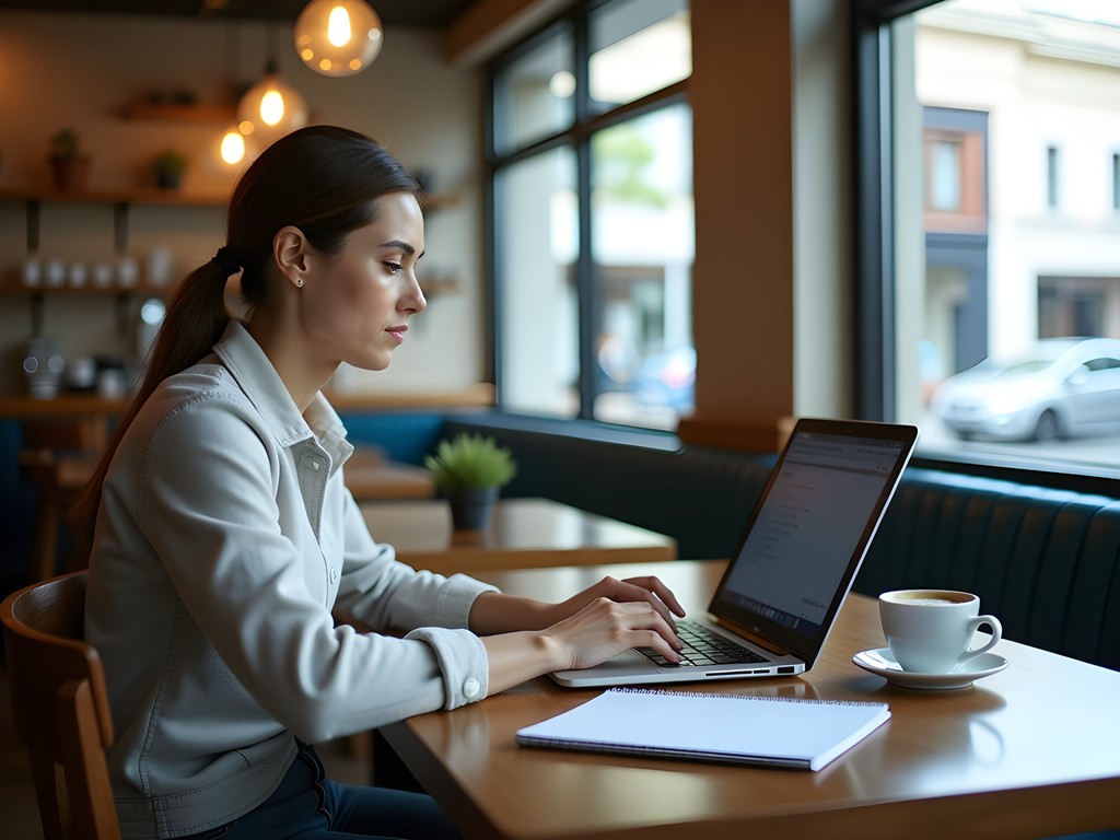 Professional working at upscale Brisbane café with laptop