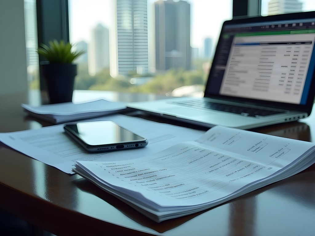 Organized business expense tracking system with receipts and digital tools